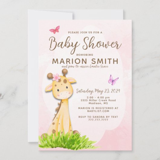 Giraffe Baby Girl Douche Waterverf Uitnodiging (Voorkant)