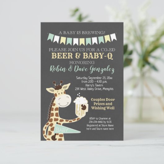 Giraffe Baby-Q Koppels Baby shower Uitnodiging (Staand voorkant)