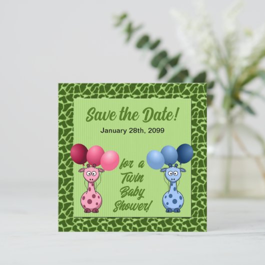 Giraffe Baby shower frontale tweelingen Save The Date (Staand voorkant)