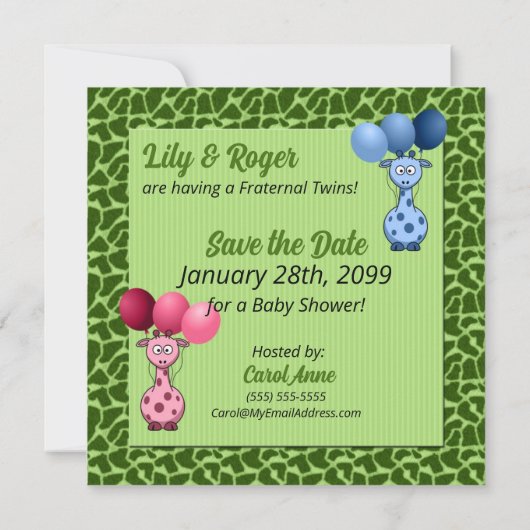 Giraffe Baby shower frontale tweelingen Save The Date (Achterkant)