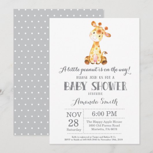 Giraffe Baby shower Invitation Grey Kaart (Voorkant / Achterkant)