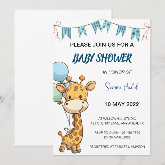 Giraffe Baby shower - Jongen Kaart (Voorkant / Achterkant)