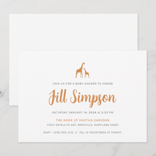 Giraffe Baby shower Kaart (Voorkant / Achterkant)