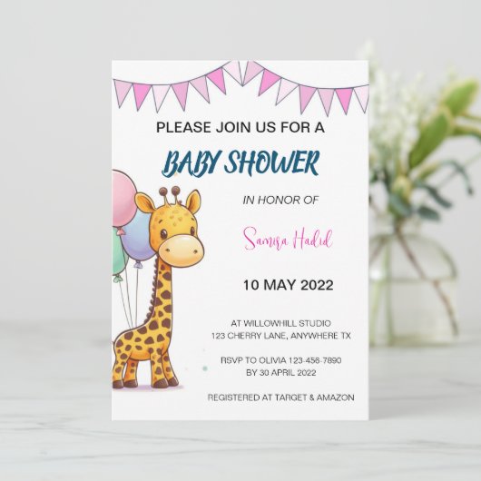 Giraffe Baby shower - Meisje Kaart (Staand voorkant)