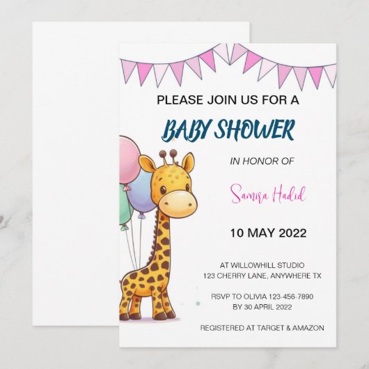 Giraffe Baby shower - Meisje Kaart (Voorkant / Achterkant)