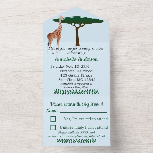 Giraffe Baby shower met RSVP All In One Uitnodiging (Binnen)