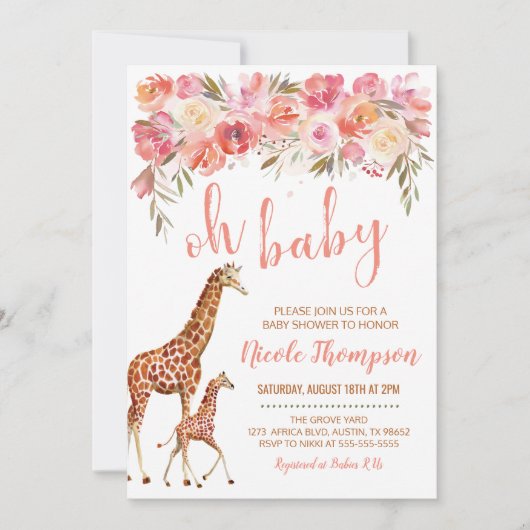 Giraffe Baby shower | Roze Floral Kaart (Voorkant)
