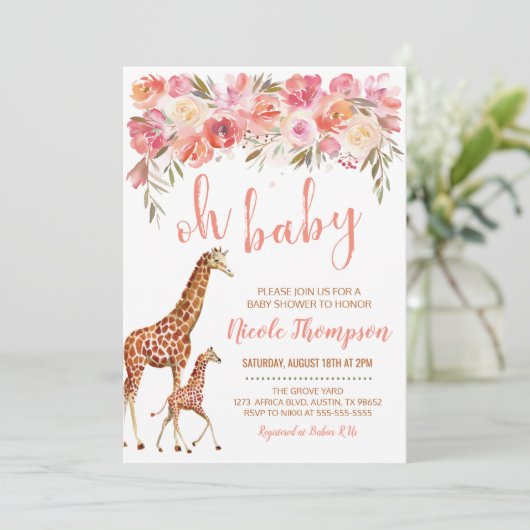 Giraffe Baby shower | Roze Floral Kaart (Staand voorkant)