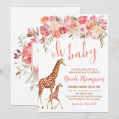 Giraffe Baby shower | Roze Floral Kaart (Voorkant / Achterkant)