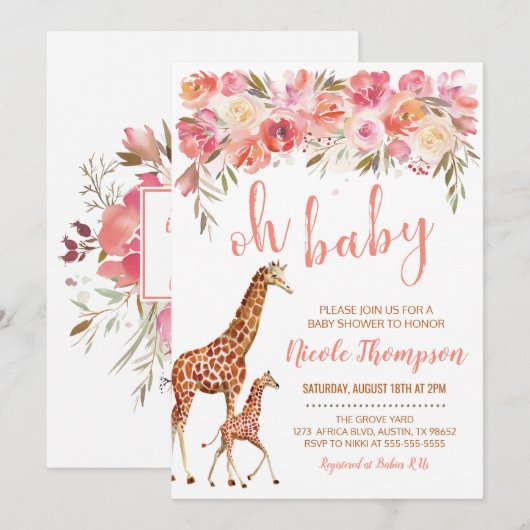 Giraffe Baby shower | Roze Floral Kaart (Voorkant / Achterkant)