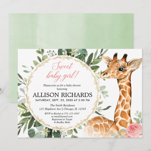 Giraffe baby shower, Sweet baby meisje oerwoud the Kaart (Voorkant / Achterkant)