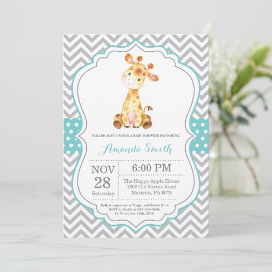 Giraffe Baby shower Uitnodiging Aqua en Gray (Staand voorkant)