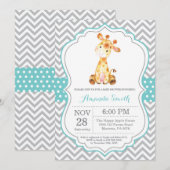 Giraffe Baby shower Uitnodiging Aqua en Gray (Voorkant / Achterkant)