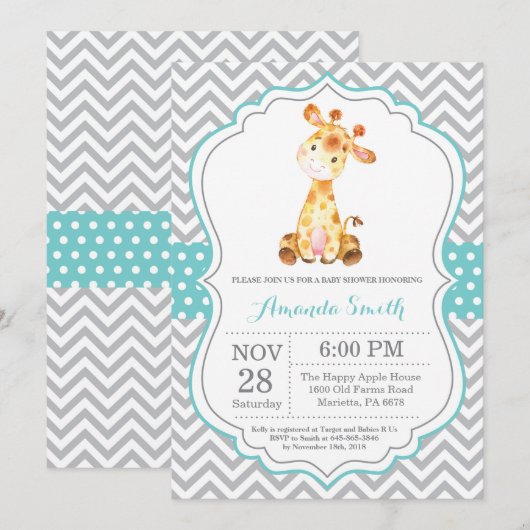 Giraffe Baby shower Uitnodiging Aqua en Gray (Voorkant / Achterkant)