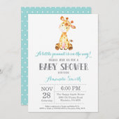 Giraffe Baby shower Uitnodiging Aqua en Gray (Voorkant / Achterkant)