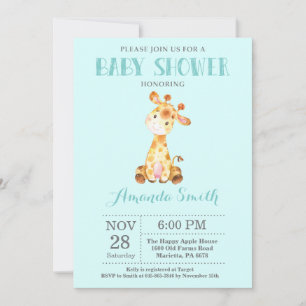 Giraffe Baby Shower Uitnodiging Aqua en Grijs
