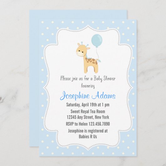 Giraffe Baby shower Uitnodiging blauw (Voorkant / Achterkant)