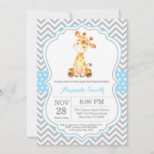 Giraffe Baby shower Uitnodiging blauw en grijs