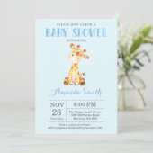 Giraffe Baby shower Uitnodiging blauw en grijs (Staand voorkant)