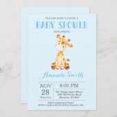 Giraffe Baby shower Uitnodiging blauw en grijs (Voorkant / Achterkant)