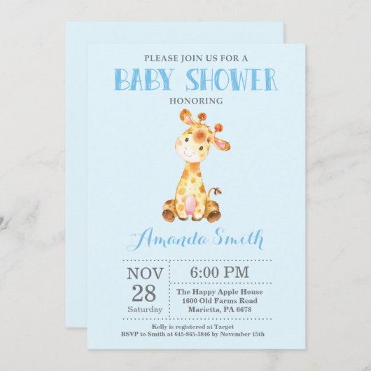 Giraffe Baby shower Uitnodiging blauw en grijs (Voorkant / Achterkant)