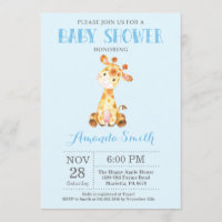 Giraffe Baby shower Uitnodiging blauw en grijs