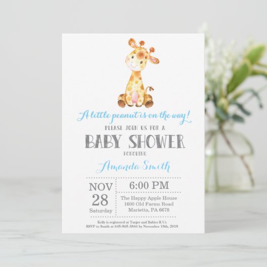 Giraffe Baby shower Uitnodiging blauw en grijs (Staand voorkant)