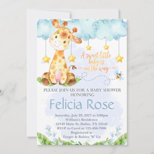 Giraffe Baby shower Uitnodiging Blue Boy uit (Voorkant)