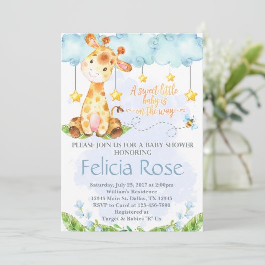 Giraffe Baby shower Uitnodiging Blue Boy uit (Staand voorkant)
