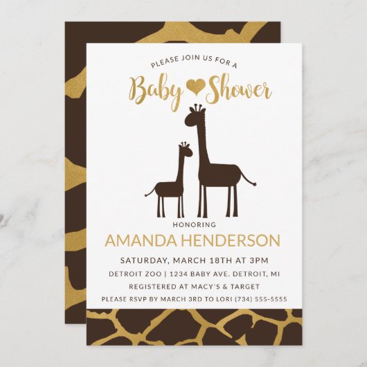 Giraffe Baby Shower Uitnodiging Bruin & Goud (Voorkant / Achterkant)