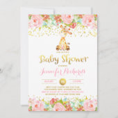 Giraffe Baby shower Uitnodiging Floral Pink & Gold (Voorkant)