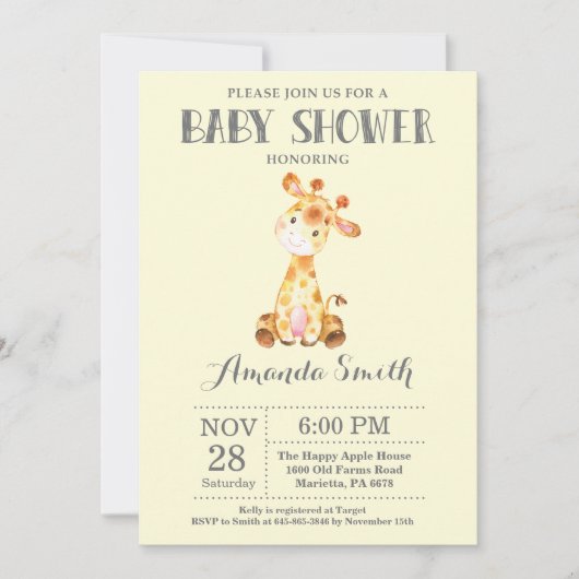 Giraffe Baby shower Uitnodiging Geel en grijs (Voorkant)