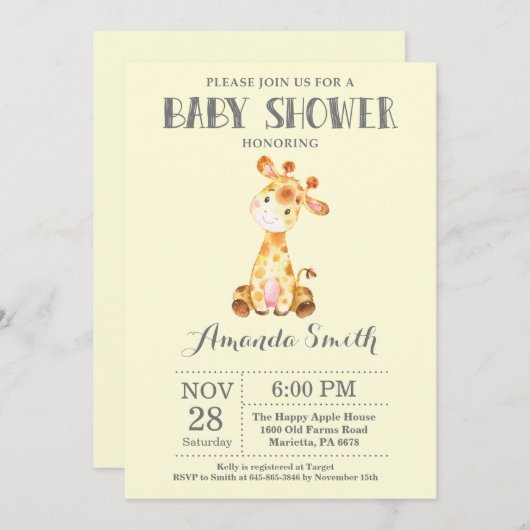 Giraffe Baby shower Uitnodiging Geel en grijs (Voorkant / Achterkant)