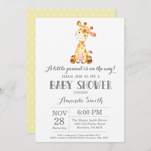 Giraffe Baby shower Uitnodiging Geel en grijs (Voorkant / Achterkant)
