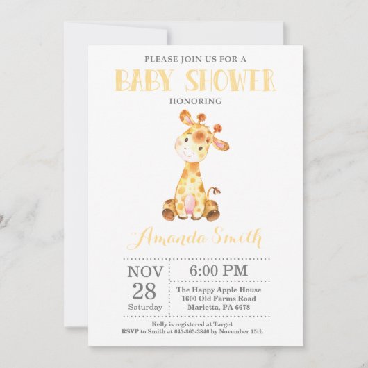 Giraffe Baby shower Uitnodiging Geel en grijs (Voorkant)