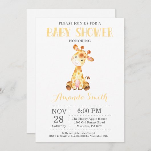 Giraffe Baby shower Uitnodiging Geel en grijs (Voorkant / Achterkant)