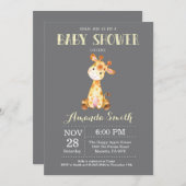 Giraffe Baby shower Uitnodiging Geel en grijs (Voorkant / Achterkant)