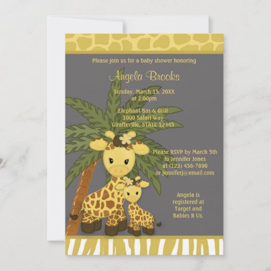 Giraffe Baby shower Uitnodiging mammie grijs geel (Voorkant)