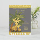 Giraffe Baby shower Uitnodiging mammie grijs geel (Staand voorkant)