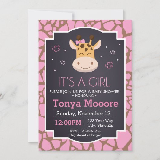 Giraffe Baby shower Uitnodiging (meisje) (Voorkant)