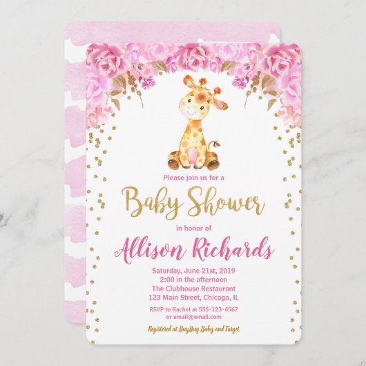Giraffe baby shower uitnodiging meisje roze goud (Voorkant / Achterkant)