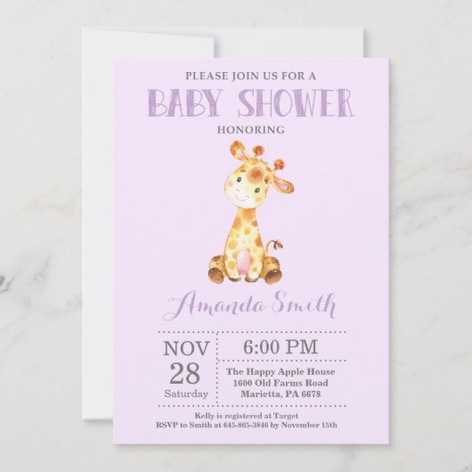 Giraffe Baby shower Uitnodiging Paars en grijs (Voorkant)