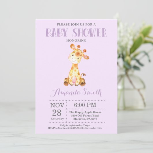 Giraffe Baby shower Uitnodiging Paars en grijs (Staand voorkant)