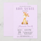 Giraffe Baby shower Uitnodiging Paars en grijs (Voorkant / Achterkant)