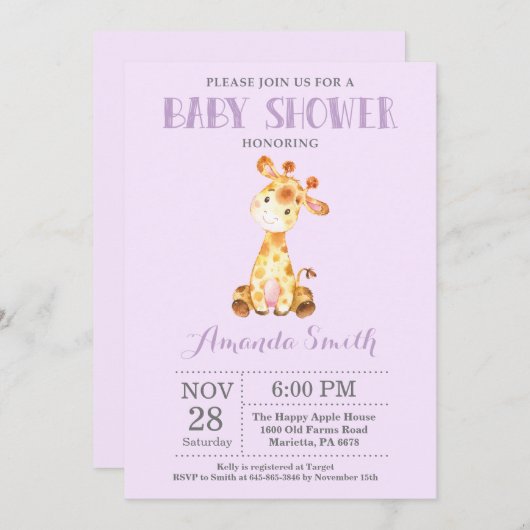 Giraffe Baby shower Uitnodiging Paars en grijs (Voorkant / Achterkant)