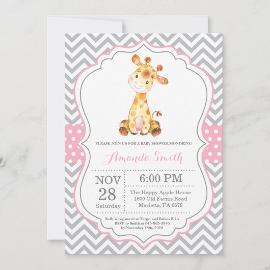Giraffe Baby shower Uitnodiging Roze en Grijs (Voorkant)