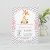 Giraffe Baby shower Uitnodiging Roze en Grijs (Staand voorkant)