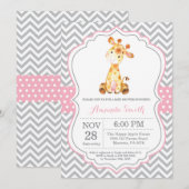Giraffe Baby shower Uitnodiging Roze en Grijs (Voorkant / Achterkant)