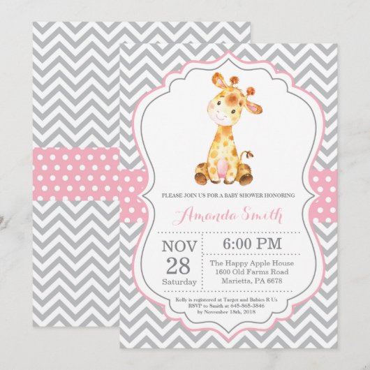 Giraffe Baby shower Uitnodiging Roze en Grijs (Voorkant / Achterkant)