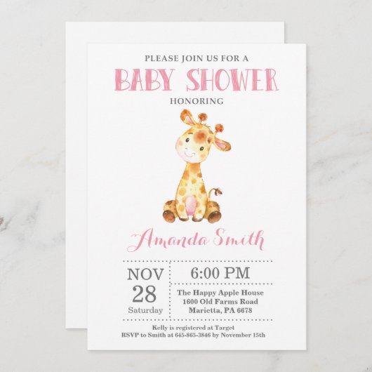 Giraffe Baby shower Uitnodiging Roze en Grijs (Voorkant / Achterkant)